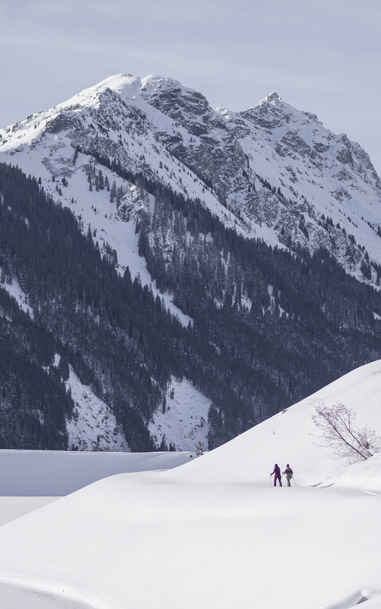Zwei Winterwanderer genießen eine Winterwanderung vor der beeindruckenden Kulisse der schneebedeckten Berge im Salzburger Land - Winterurlaub im Hotel Brandgut in Viehhofen.